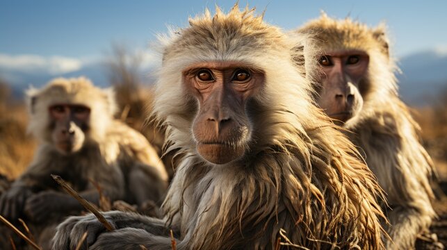 A group of Hamadryas Baboons (Papio hamadryas) grooming each other in Ethiopia's Awash National Park, their silvery manes and expressive eyes a captivating sight against the rocky landscape.