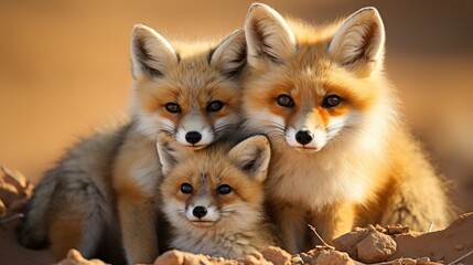 Obraz premium A group of Fennec Foxes (Vulpes zerda) huddled together in the Sahara Desert, their large ears and fluffy tails a cute sight against the sandy landscape.