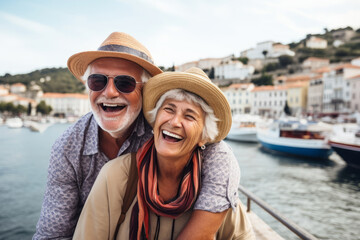 Fototapeta na wymiar A happy seniors couple in traveling . AI Generated