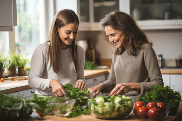 mother and her teenage daughter are happily cooking together. AI Generated