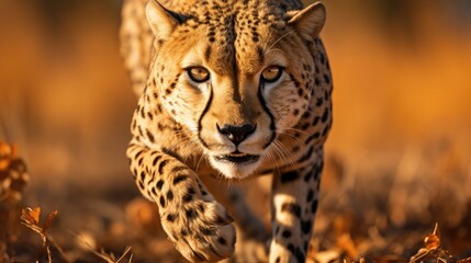A Cheetah (Acinonyx jubatus) sprinting across the savannah in Botswana's Moremi Game Reserve, its slender body and tear-marked face a picture of speed and grace.
