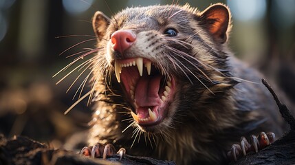 A Tasmanian devil (Sarcophilus harrisii) yawning in the forests of Tasmania, its powerful jaws and sharp teeth a fearsome sight in the underbrush. - obrazy, fototapety, plakaty