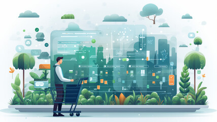 A person pushes a shopping cart and chooses products, lustration. AI Generated