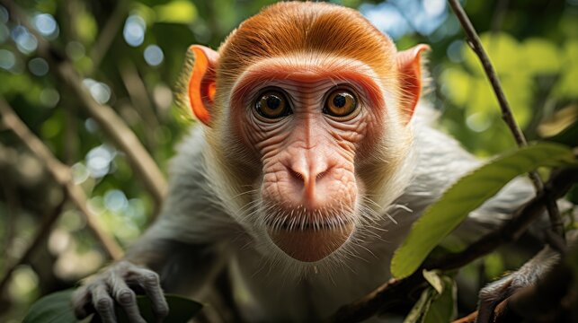 A proboscis monkey (Nasalis larvatus) leaping between trees in Borneo's mangrove swamps, its distinctive long nose and potbelly making a curious sight against the lush green foliage.