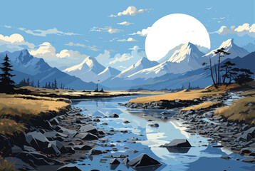 hand drawn flat design mountain landscape vector with the moon.