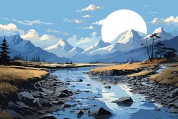 Foto op Canvas hand drawn flat design mountain landscape vector with the moon. © JM Nimhas
