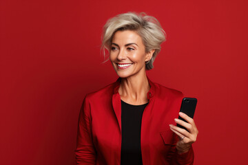 Naklejka premium attractive mature woman with phone on red background. AI Generated