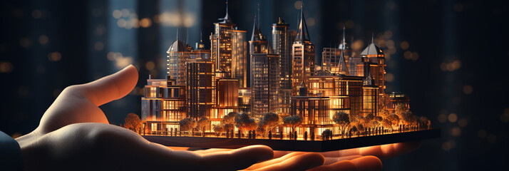 Businessman holding building of real estate icons. Engineering and construction. AI Generated