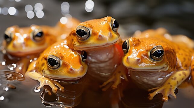 A group of African Clawed Frogs (Xenopus laevis) swimming in a pond in South Africa, their smooth bodies and webbed feet a captivating sight in the water.