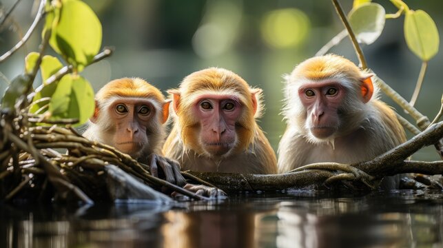 A group of Proboscis Monkeys (Nasalis larvatus) feeding in the mangroves of Borneo, their large noses and potbellies a comical sight amongst the foliage.