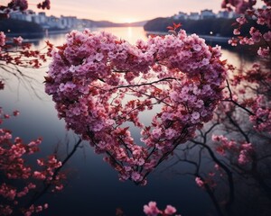 Tree with pink flowers in the shape of a heart in front of lake at sunset, AI-generative