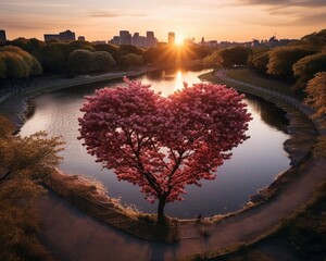 Tree with pink flowers in the shape of a heart in front of lake at sunset with cityscape, AI-generative