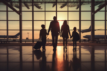 Family travel, showcasing silhouette figures of family members inside an airport terminal. AI Generated