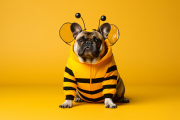 fat and grumpy bulldog dressed in funny bubble bee Halloween costume, anthropomorphic, vibrant colors, fashionable, cool, studio photography, minimalism. AI Generated