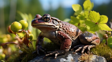 Obraz premium A Wood Frog (Lithobates sylvaticus) sitting on a leaf in North America, its brown body and dark mask a charming sight against the green foliage.