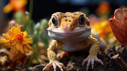A Leopard Gecko (Eublepharis macularius) peeking from a rock in its terrarium, its bumpy skin and movable eyelids making it a delightful pet for reptile enthusiasts.