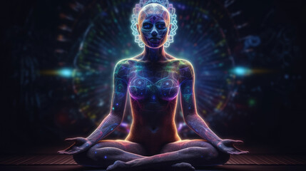 Statue of a goddess meditating in Padmasana, with glowing lines of light above her head and on her body against the background of a decorative circle with flying luminous dust. Generative AI. - obrazy, fototapety, plakaty