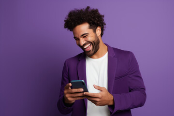 man with phone on purple background. AI Generated