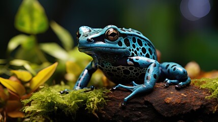 Obraz premium A Blue Poison Dart Frog (Dendrobates tinctorius 'azureus') sitting on a leaf in the rainforest of Suriname, its blue body and black spots a striking sight against the green foliage.