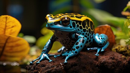 A Blue Poison Dart Frog (Dendrobates tinctorius 'azureus') sitting on a leaf in the rainforest of Suriname, its blue body and black spots a striking sight against the green foliage. - obrazy, fototapety, plakaty