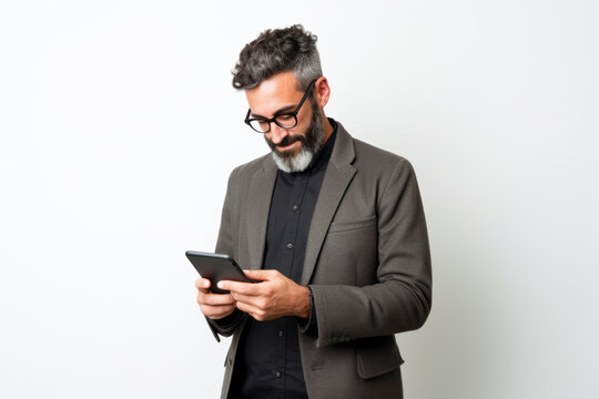 man with phone on white background. AI Generated