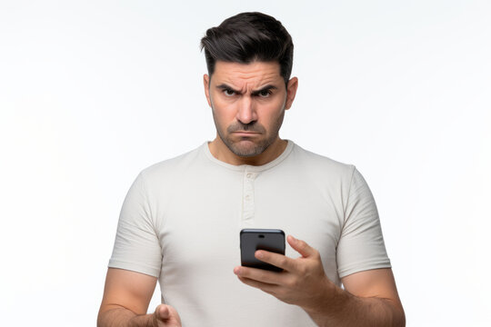 man with phone on white background. AI Generated