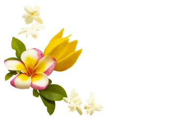 yellow flowers frangipani, jasmine, ylang ylang local flora arrangement flat lay postcard style 