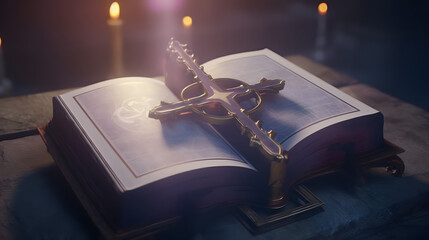 Sacred Splendor: An Exquisite Rendering of the Holy Bible and Cross, AI Generated