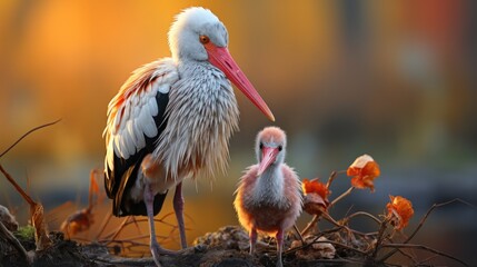 Fototapeta premium A Painted Stork (Mycteria leucocephala) feeding its young in the marshes of India's Keoladeo National Park, its long bill, pink wingtips, and yellow head a vibrant sight.