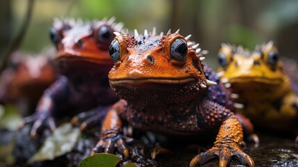 A group of Amazon Horned Frogs (Ceratophrys cornuta) lying in wait in the Amazon Rainforest, their large mouths and horn-like eyebrows a dramatic sight against the forest floor.