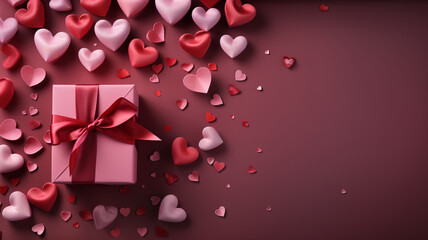 Valentine's Day red background with red hearts and pink hearts paper with gift box top view lay flat. AI Generated