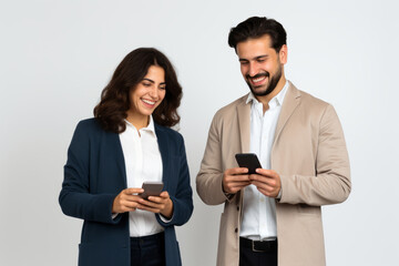 woman and man with phone on white background. AI Generated