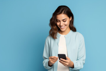 woman with phone on blue background. AI Generated