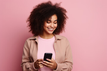Fototapeta na wymiar woman with phone on pink background. AI Generated