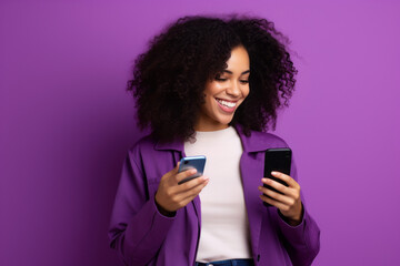 Fototapeta na wymiar woman with phone on purple background . AI Generated