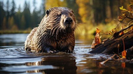 A North American Beaver (Castor canadensis) gnawing on a tree in a forest in Montana, its flat tail and webbed feet an interesting sight against the water.