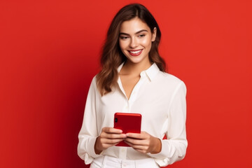woman with phone on red background. AI Generated