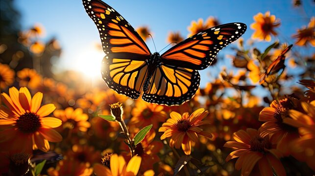 A monarch butterfly (Danaus plexippus) migration in the skies above Mexico's Monarch Butterfly Biosphere Reserve, the air filled with a fluttering sea of orange and black wings, creating a stunning vi
