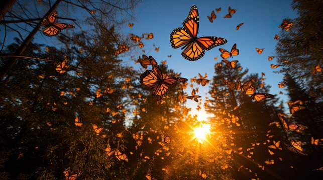 Fototapeta A monarch butterfly (Danaus plexippus) migration in the skies above Mexico's Monarch Butterfly Biosphere Reserve, the air filled with a fluttering sea of orange and black wings, creating a stunning vi