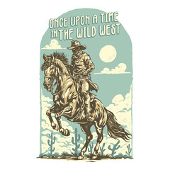 Cowboy rides the jumping horse in the wild west isolated illustration