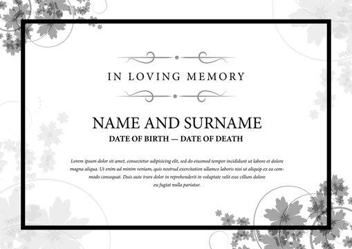 Funeral card. In loving memory of those who are forever in our hearts. Elegant design. Vector illustration.
