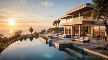 Fotobehang Contemporary luxurious home with pool and ocean view at sunset, real estate photography, AI-generative © Andy Sarmiento