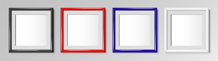 Realistic square frames in black and white color also available in red and blue for paintings or photographs. Vector illustration.