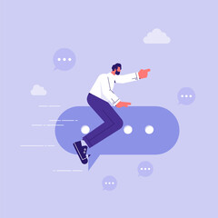 Businessman ride speech bubble pointing to target, effective communication, business leader communicate idea, sending message, announcement or dialog for success, meeting talk