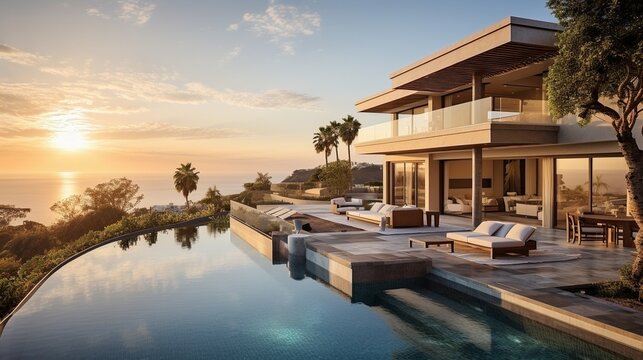 Contemporary luxurious home with pool and ocean view at sunset, real estate photography, AI-generative