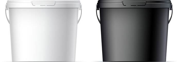 White and black color plastic bucket with White lid. Product Packaging For food, foodstuff or paints, adhesives, sealants, primers, putty. Vector © Happy Man