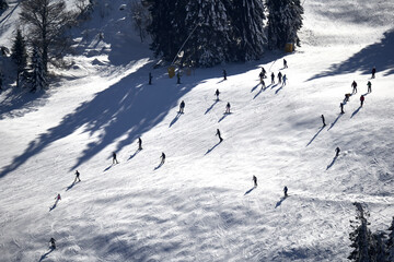 Aerial view of winter sportsmen with ski and snowboard. White snow slope on the mountain. People...
