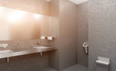 Public female restroom. 3D rendering.. Sunset.