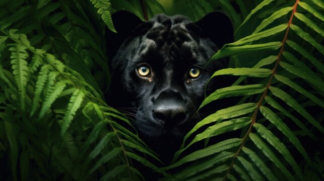 black panther crowling in a dense lush tropical jungles, ai tools generated image