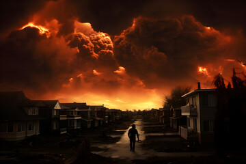 Fototapeta premium apocalypse city landscape with burning sky and silhouette